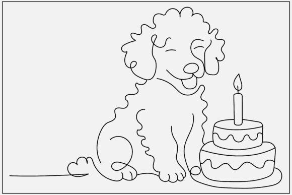 Birthday Poodle Celebration Line Art