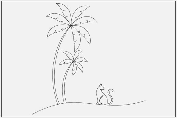 Cat Sitting Tree Line Art