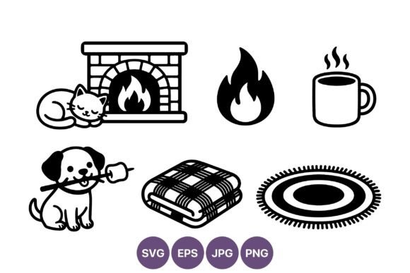 Cozy Fireplace Cat Dog Line Art