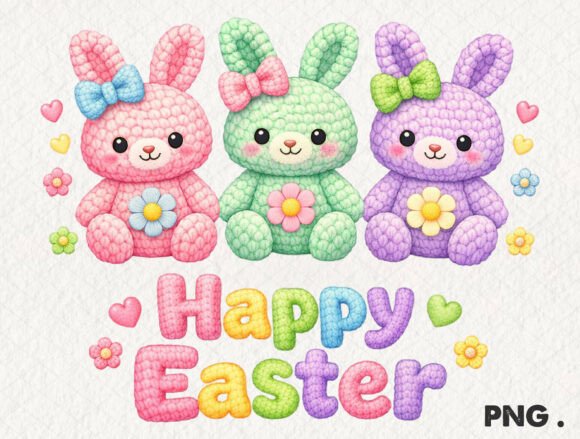 Crochet Happy Easter Bunny Trio PNG