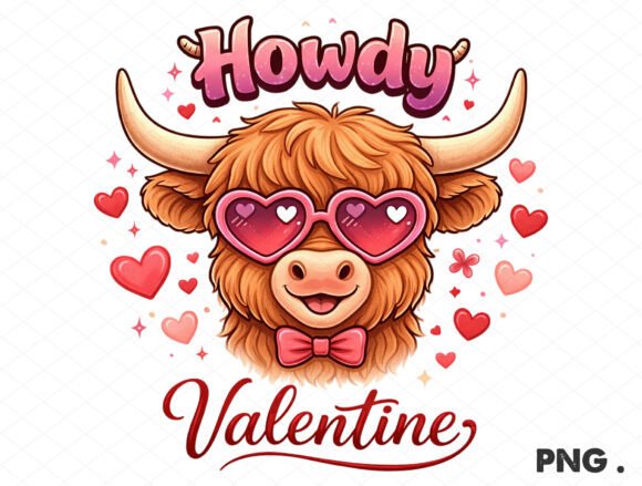 Howdy Valentine Highland Cow PNG